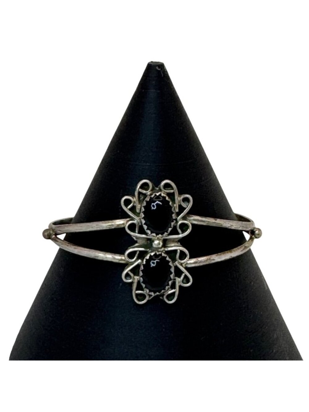 Southwest Onyx Sterling Silver Cuff Bracelet Black Onyx Scrollwork Vintage 6"